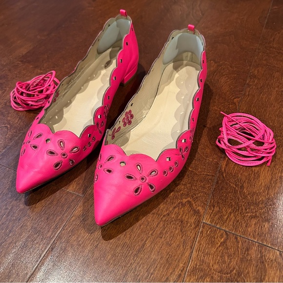 J Crew Lace-Up Leather Neon Pink Eyelet Pointed Toe Ballet Flats, Fit 9 1/2 - Picture 2 of 16
